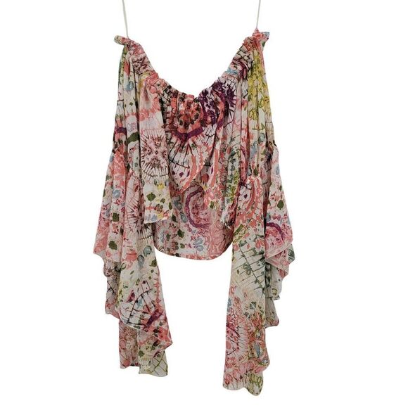 Sheer Floral Off-The-Shoulder Crop Top Angel Sleeves Sz XL Boho Festival India - Picture 6 of 7